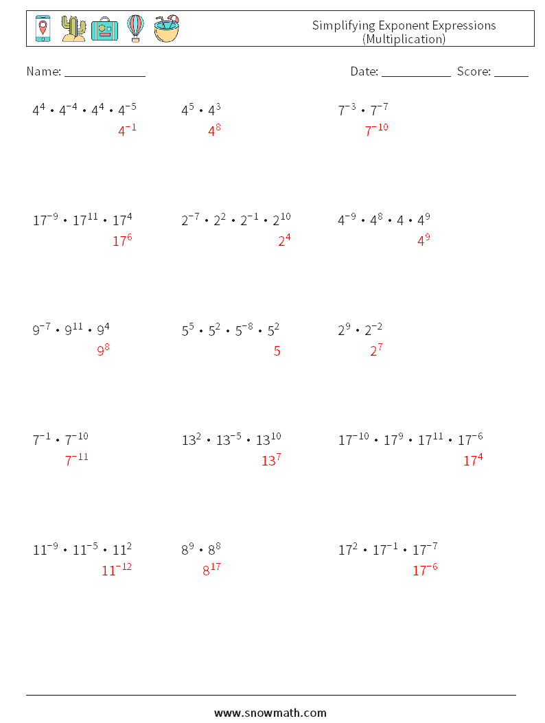 Simplifying Exponent Expressions (Multiplication) Maths Worksheets 5 Question, Answer