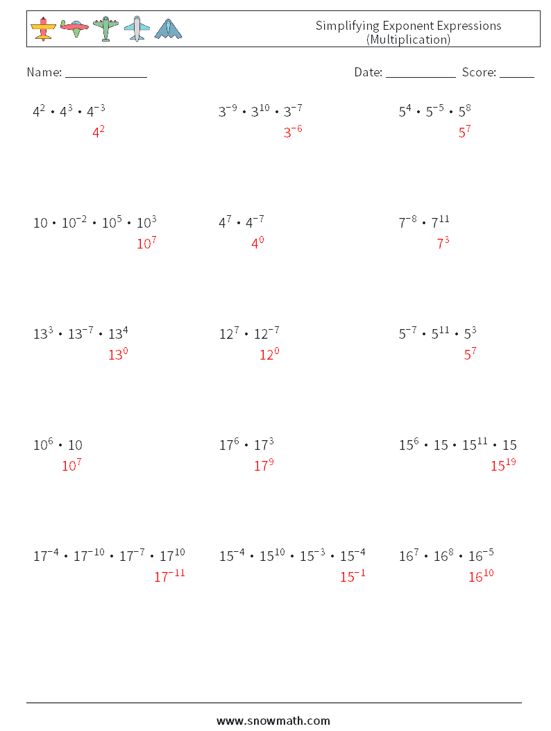 Simplifying Exponent Expressions (Multiplication) Maths Worksheets 6 Question, Answer