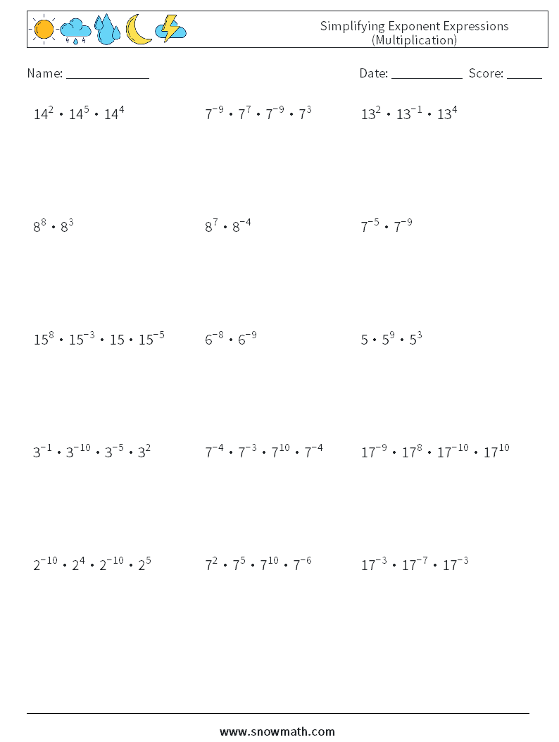 Simplifying Exponent Expressions (Multiplication) Maths Worksheets 7