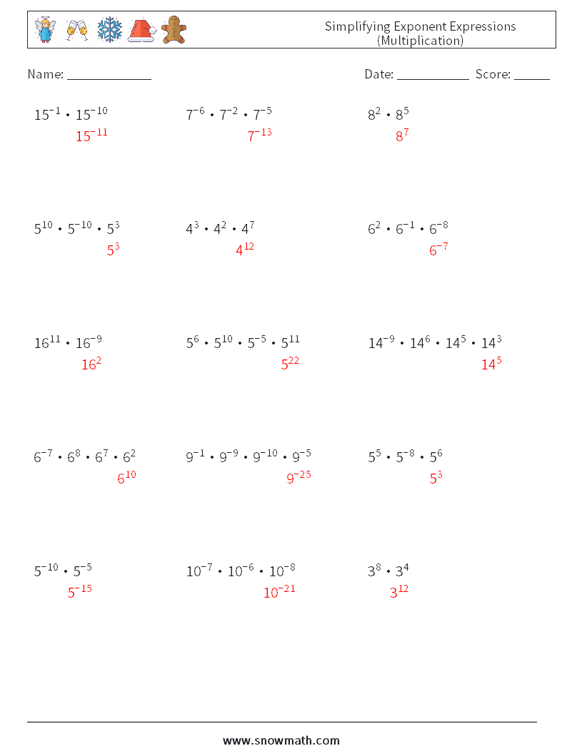 Simplifying Exponent Expressions (Multiplication) Maths Worksheets 8 Question, Answer