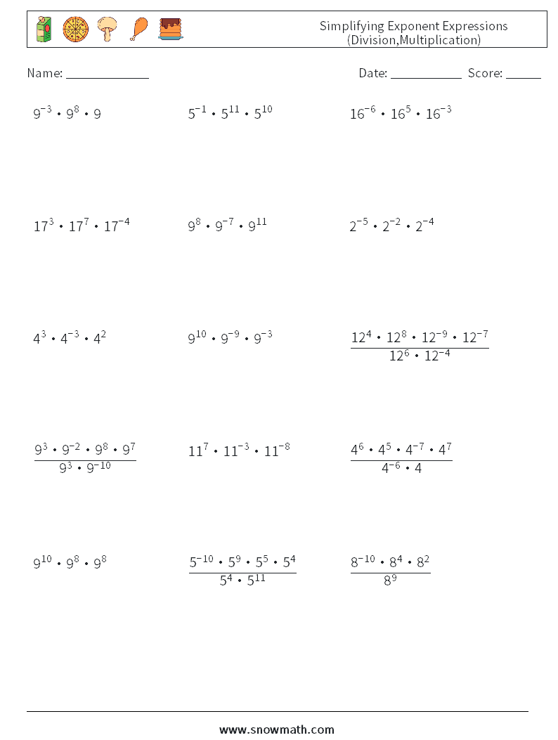 Simplifying Exponent Expressions (Division,Multiplication) Maths Worksheets 1