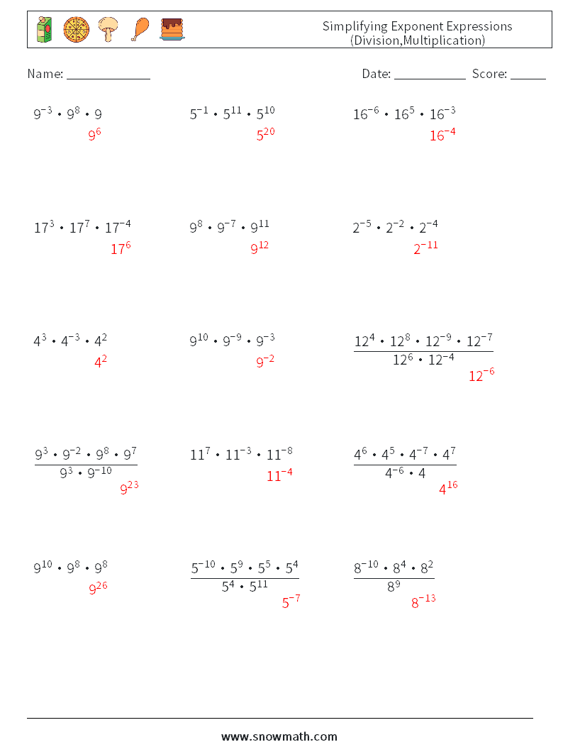Simplifying Exponent Expressions (Division,Multiplication) Maths Worksheets 1 Question, Answer