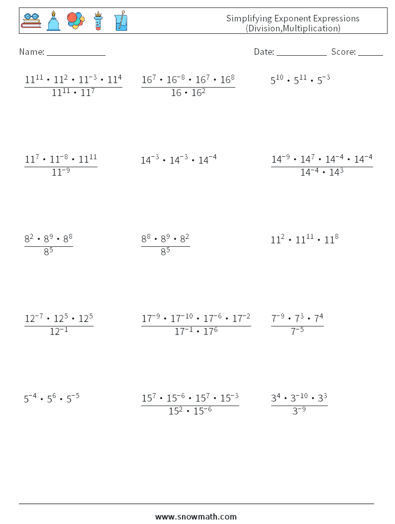 Simplifying Exponent Expressions (Division,Multiplication) Maths Worksheets 2