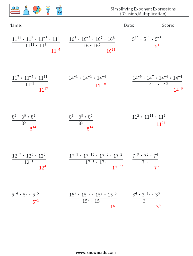 Simplifying Exponent Expressions (Division,Multiplication) Maths Worksheets 2 Question, Answer