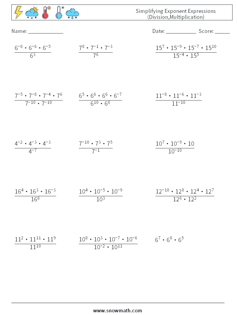 Simplifying Exponent Expressions (Division,Multiplication) Maths Worksheets 3