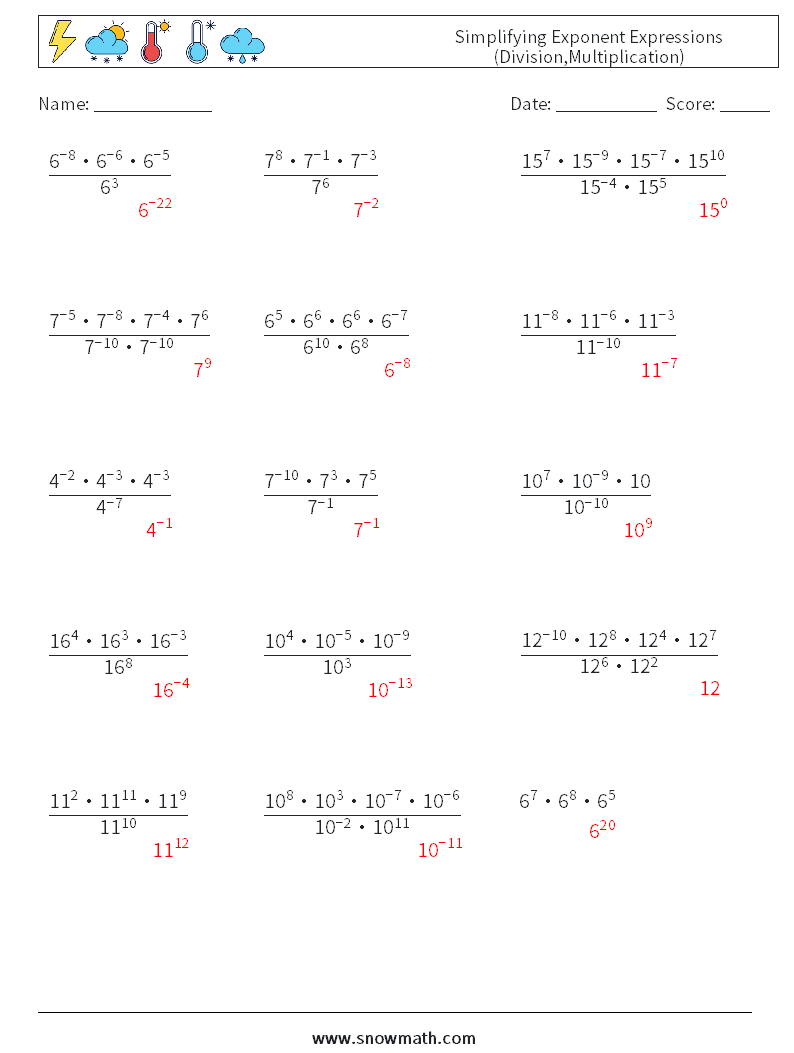 Simplifying Exponent Expressions (Division,Multiplication) Maths Worksheets 3 Question, Answer