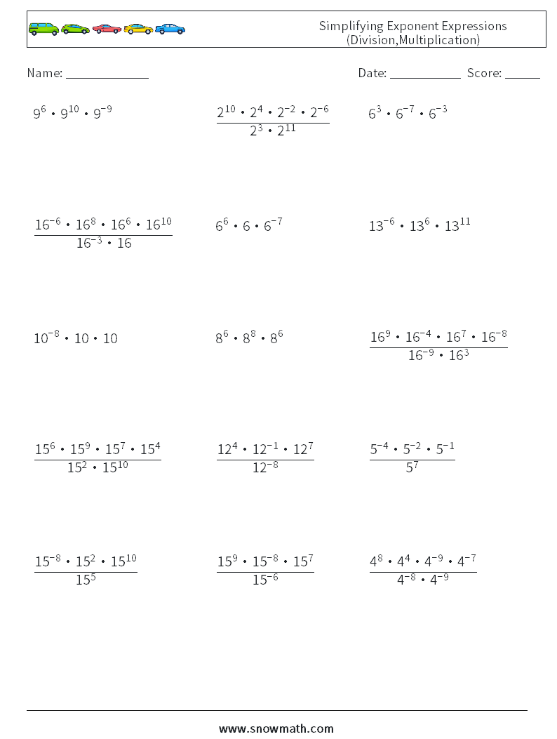 Simplifying Exponent Expressions (Division,Multiplication) Maths Worksheets 4