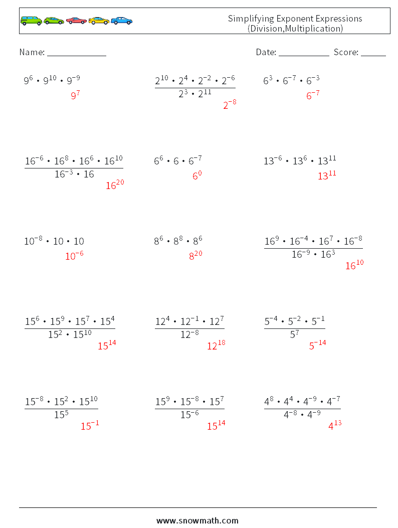 Simplifying Exponent Expressions (Division,Multiplication) Maths Worksheets 4 Question, Answer
