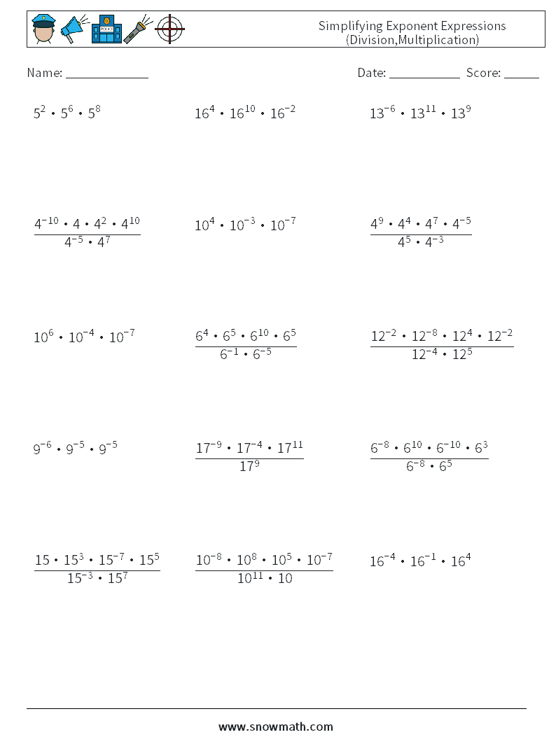 Simplifying Exponent Expressions (Division,Multiplication) Maths Worksheets 5