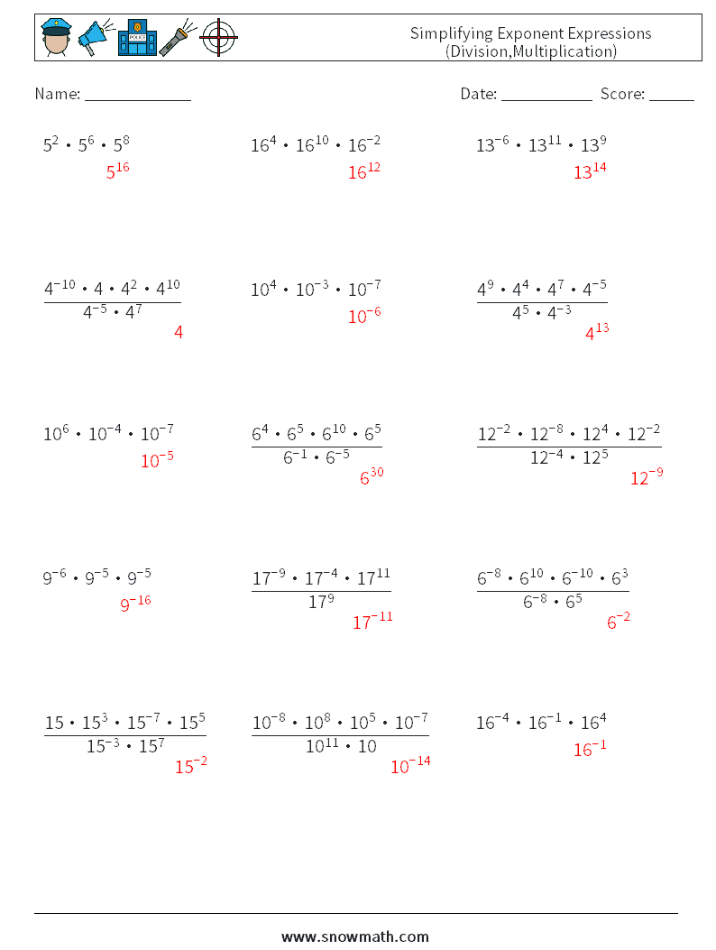 Simplifying Exponent Expressions (Division,Multiplication) Maths Worksheets 5 Question, Answer
