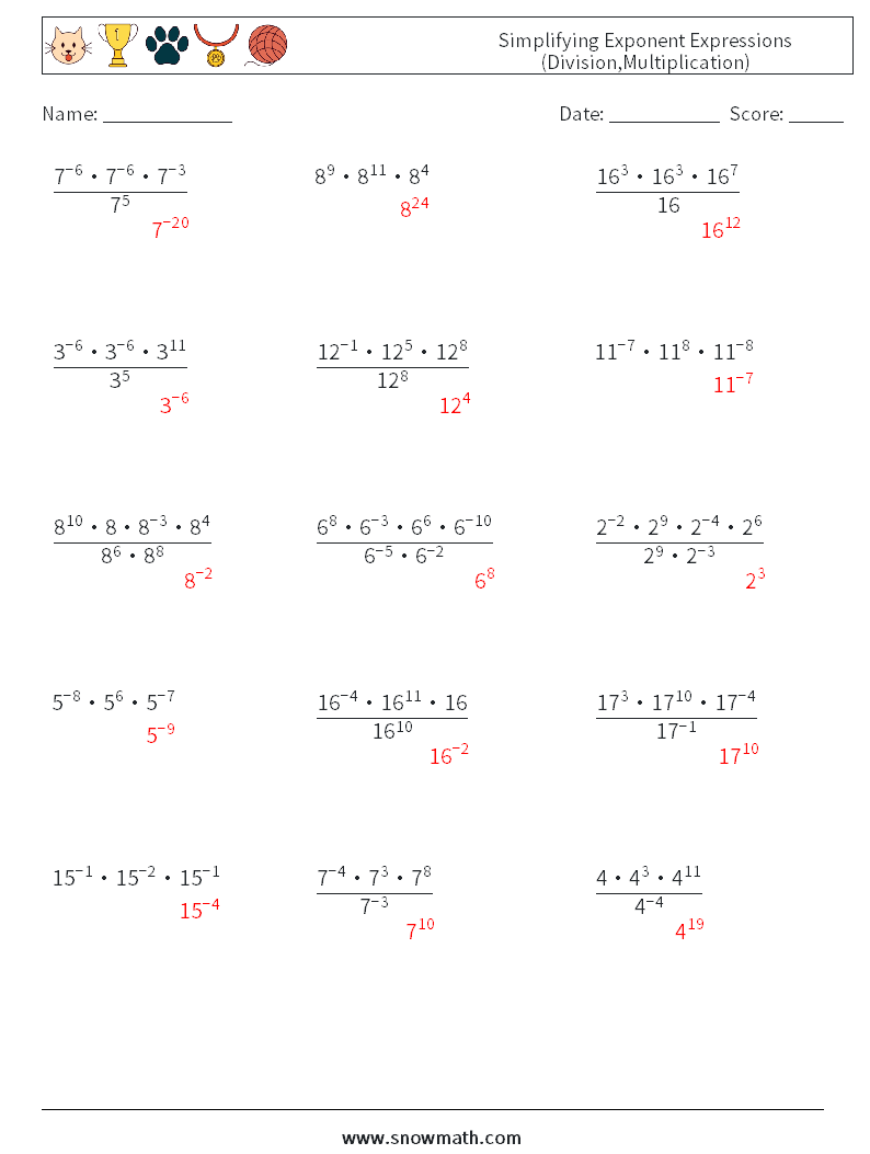 Simplifying Exponent Expressions (Division,Multiplication) Maths Worksheets 6 Question, Answer