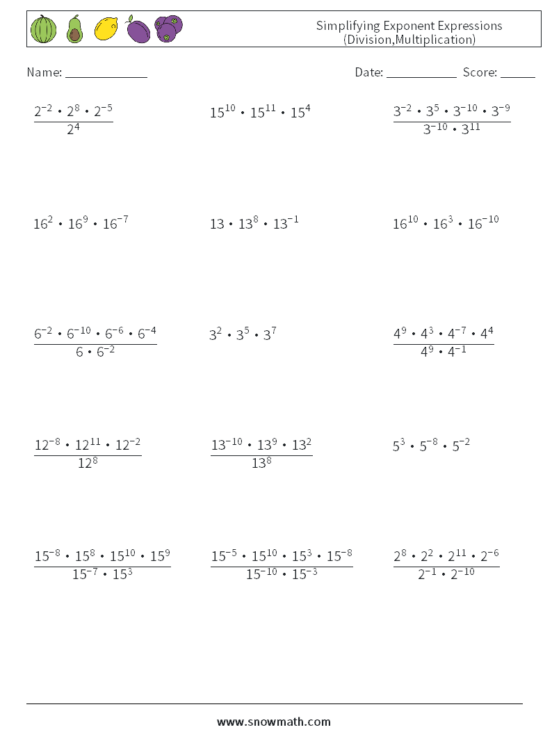 Simplifying Exponent Expressions (Division,Multiplication) Maths Worksheets 7