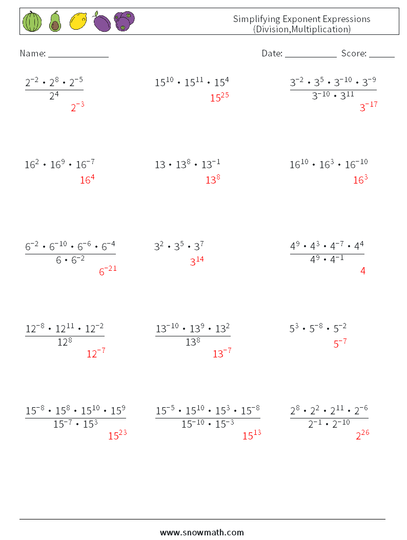 Simplifying Exponent Expressions (Division,Multiplication) Maths Worksheets 7 Question, Answer