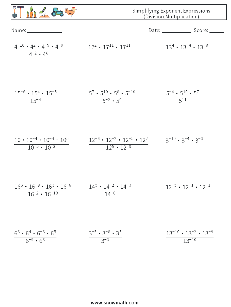 Simplifying Exponent Expressions (Division,Multiplication) Maths Worksheets 8