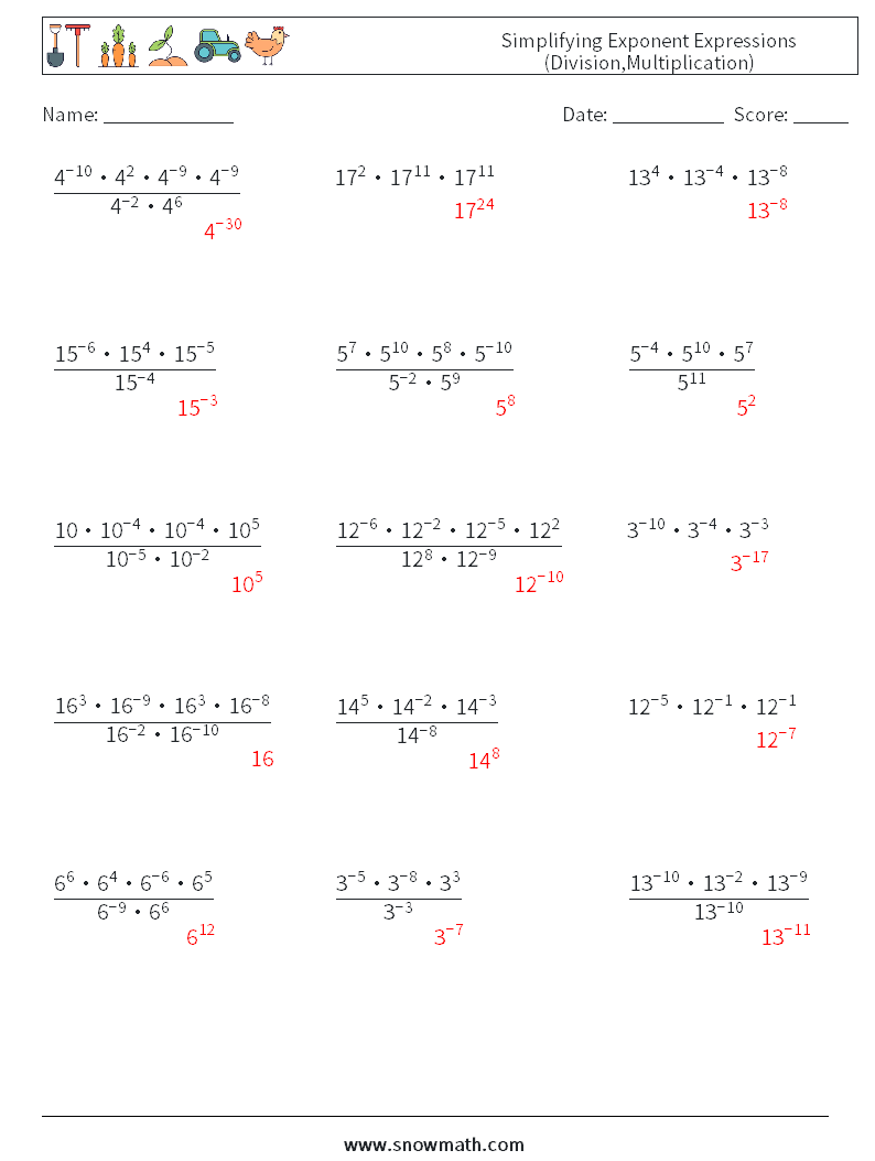 Simplifying Exponent Expressions (Division,Multiplication) Maths Worksheets 8 Question, Answer