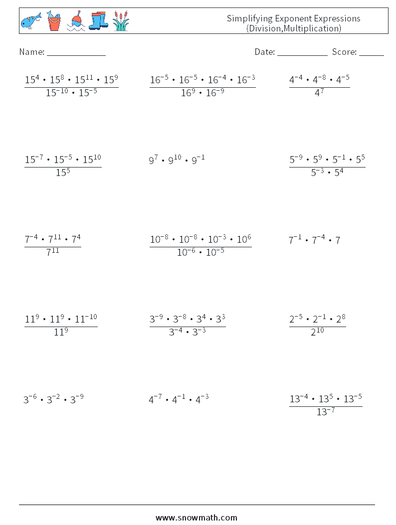 Simplifying Exponent Expressions (Division,Multiplication) Maths Worksheets 9