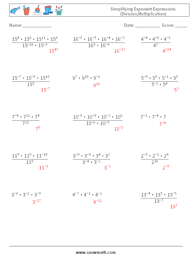 Simplifying Exponent Expressions (Division,Multiplication) Maths Worksheets 9 Question, Answer