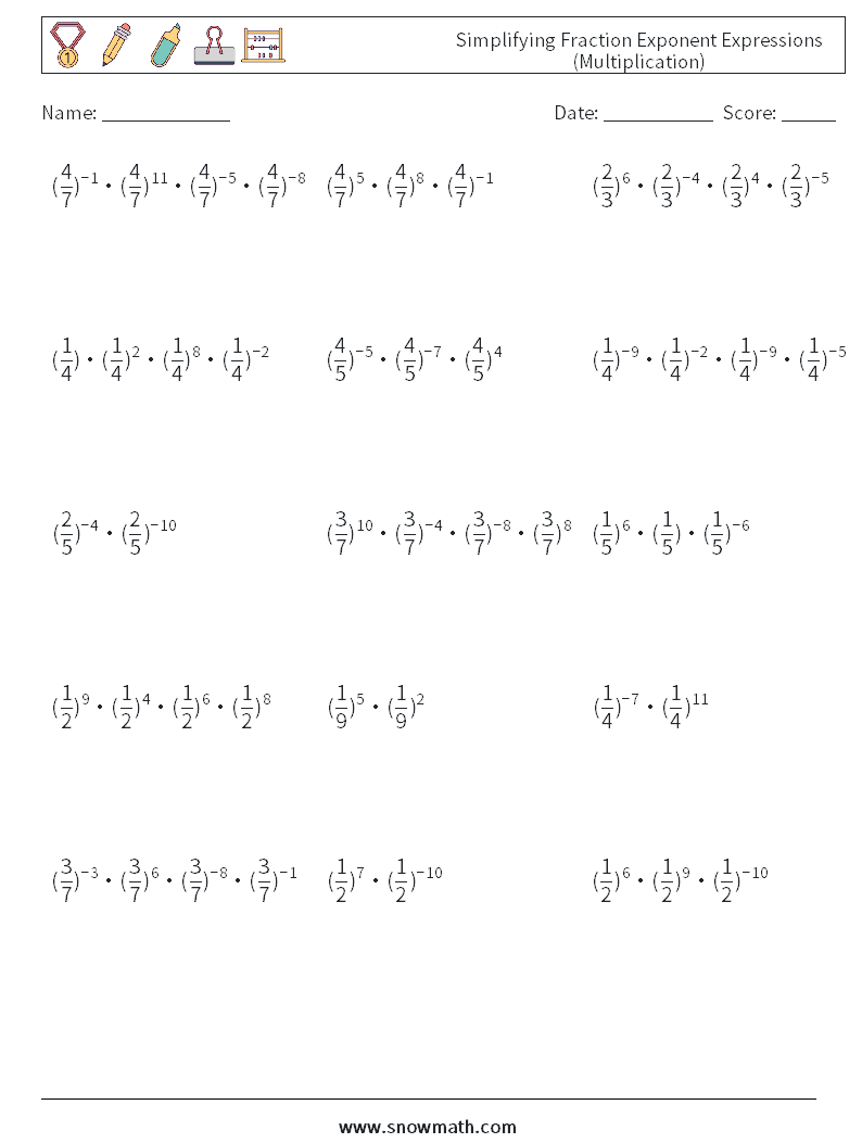 Simplifying Fraction Exponent Expressions (Multiplication) Maths Worksheets 1