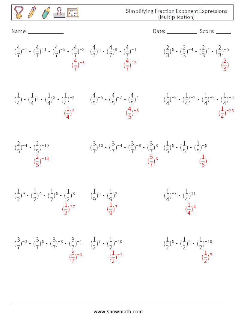 Simplifying Fraction Exponent Expressions (Multiplication) Maths Worksheets 1 Question, Answer