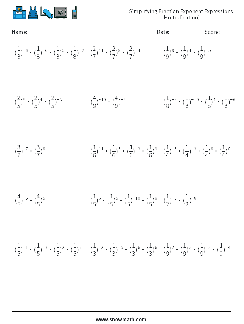 Simplifying Fraction Exponent Expressions (Multiplication) Maths Worksheets 2