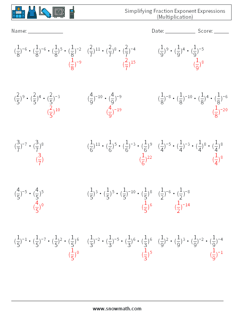 Simplifying Fraction Exponent Expressions (Multiplication) Maths Worksheets 2 Question, Answer