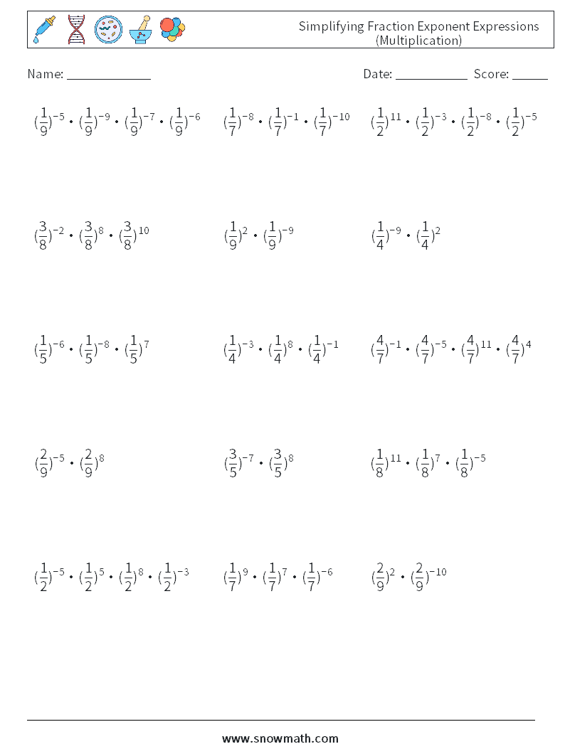 Simplifying Fraction Exponent Expressions (Multiplication) Maths Worksheets 3