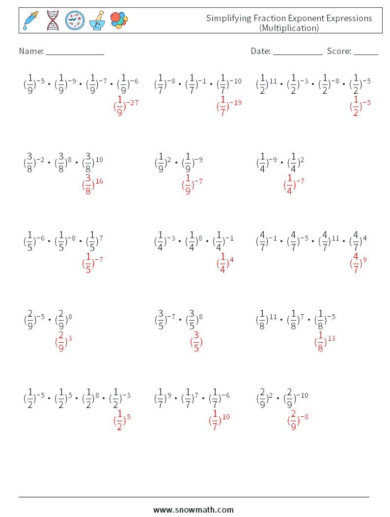 Simplifying Fraction Exponent Expressions (Multiplication) Maths Worksheets 3 Question, Answer
