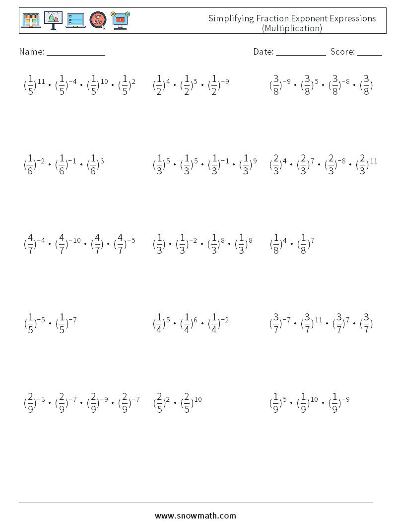 Simplifying Fraction Exponent Expressions (Multiplication) Maths Worksheets 4