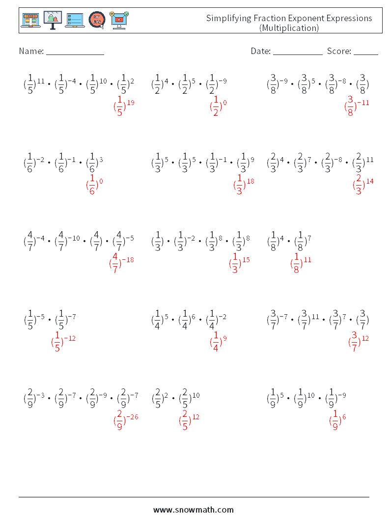 Simplifying Fraction Exponent Expressions (Multiplication) Maths Worksheets 4 Question, Answer