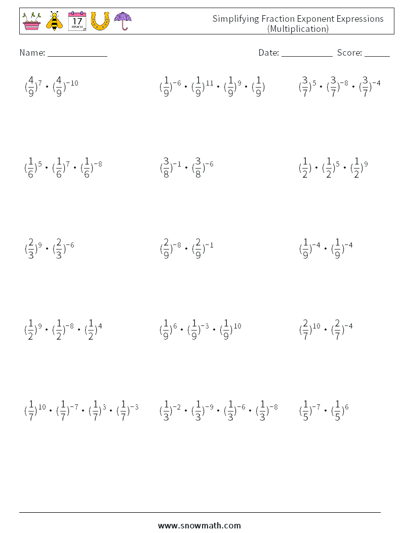 Simplifying Fraction Exponent Expressions (Multiplication) Maths Worksheets 5