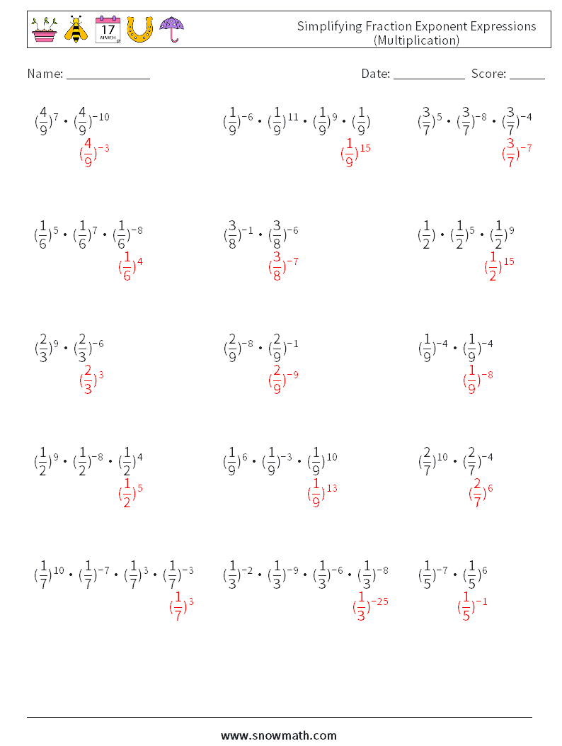 Simplifying Fraction Exponent Expressions (Multiplication) Maths Worksheets 5 Question, Answer