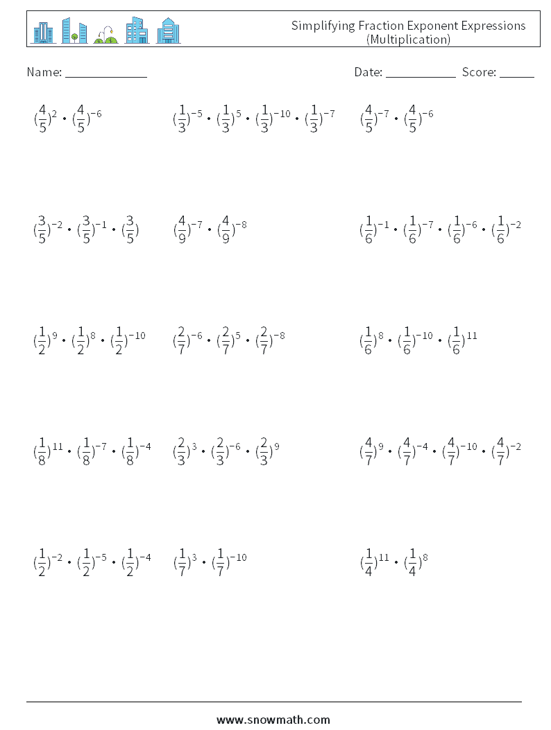 Simplifying Fraction Exponent Expressions (Multiplication) Maths Worksheets 6