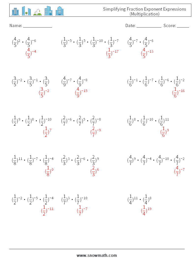 Simplifying Fraction Exponent Expressions (Multiplication) Maths Worksheets 6 Question, Answer