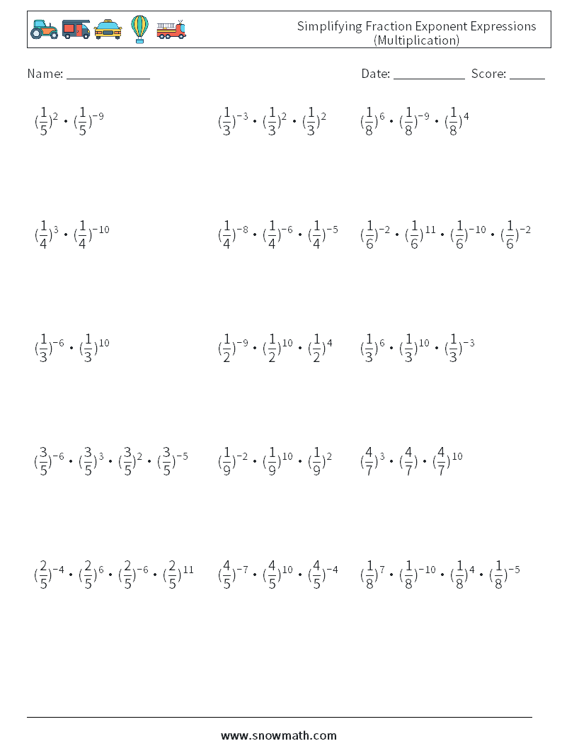 Simplifying Fraction Exponent Expressions (Multiplication) Maths Worksheets 7