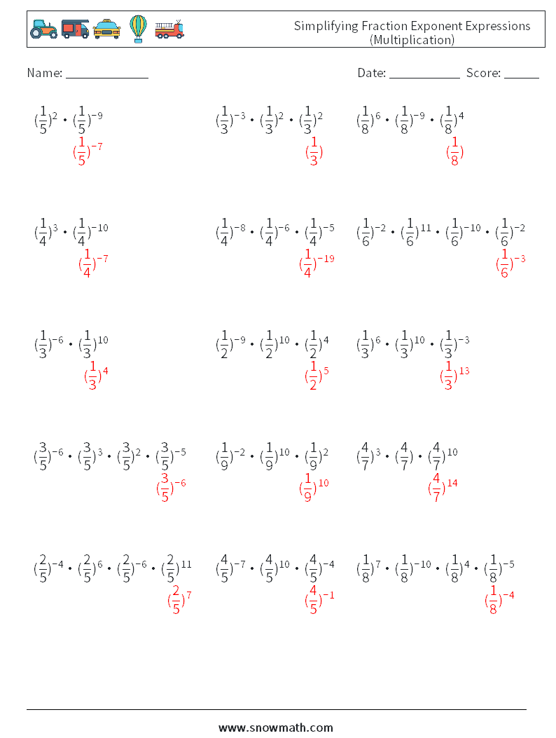 Simplifying Fraction Exponent Expressions (Multiplication) Maths Worksheets 7 Question, Answer