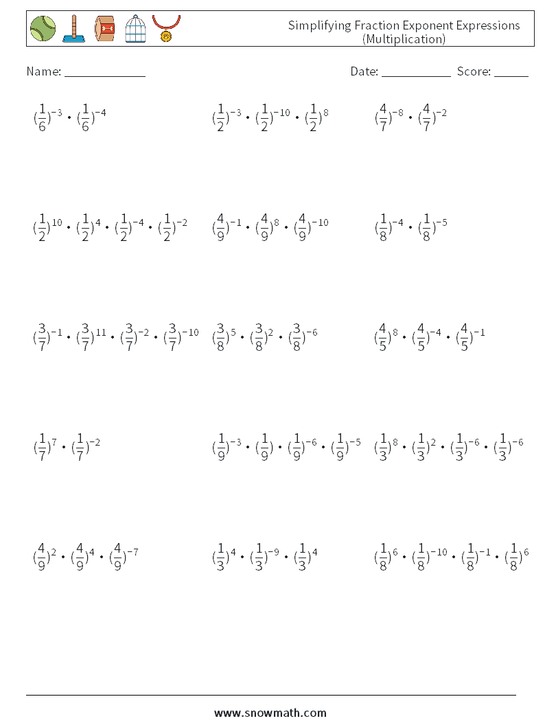 Simplifying Fraction Exponent Expressions (Multiplication) Maths Worksheets 8