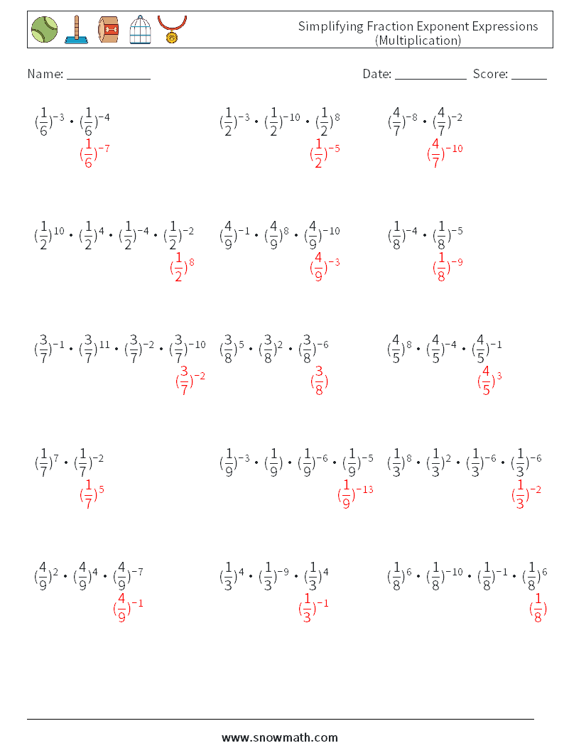 Simplifying Fraction Exponent Expressions (Multiplication) Maths Worksheets 8 Question, Answer