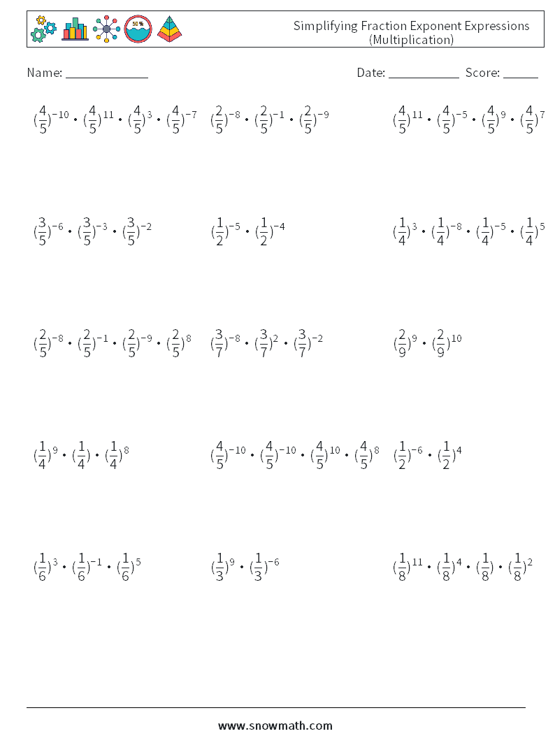 Simplifying Fraction Exponent Expressions (Multiplication) Maths Worksheets 9