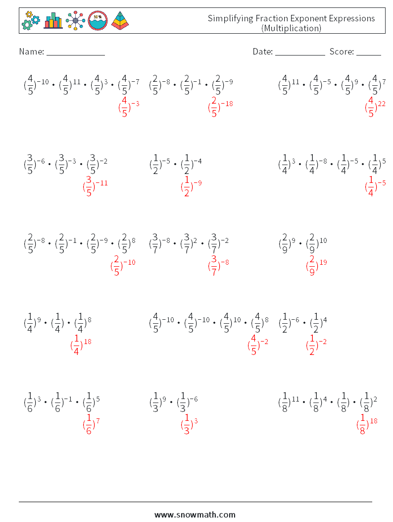 Simplifying Fraction Exponent Expressions (Multiplication) Maths Worksheets 9 Question, Answer