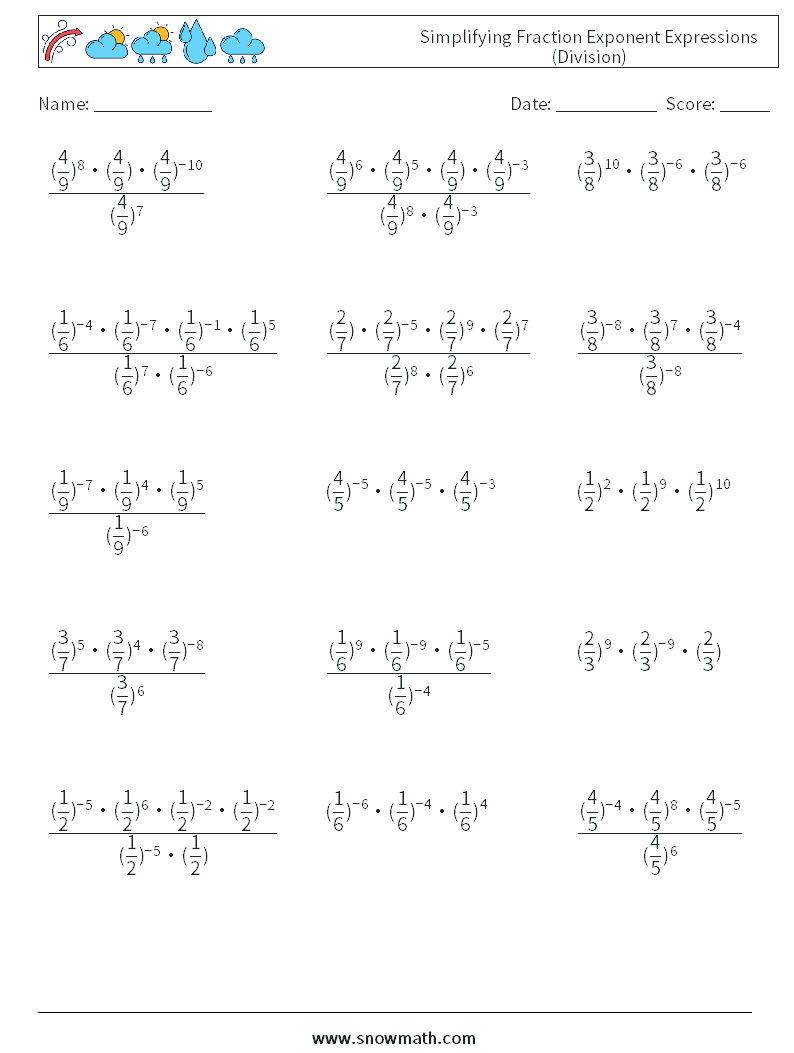 Simplifying Fraction Exponent Expressions (Division) Maths Worksheets 1