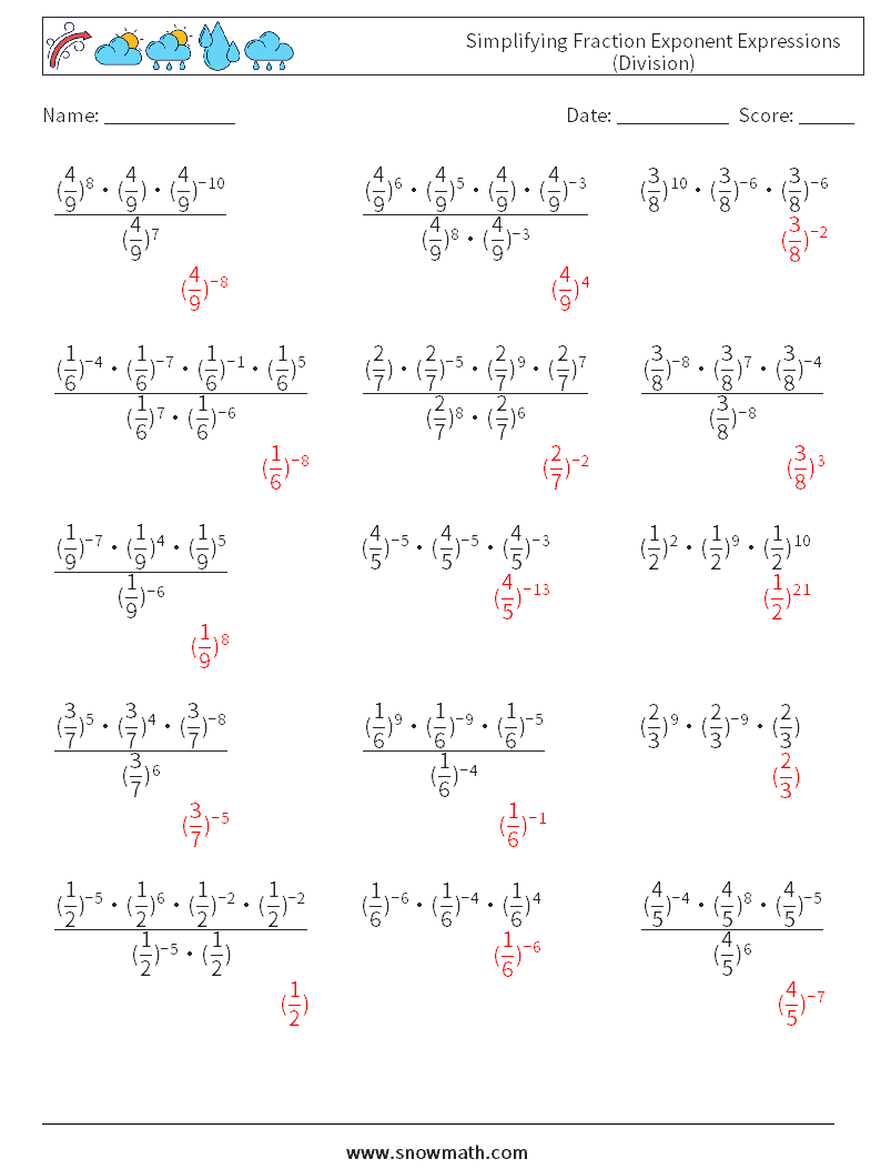 Simplifying Fraction Exponent Expressions (Division) Maths Worksheets 1 Question, Answer