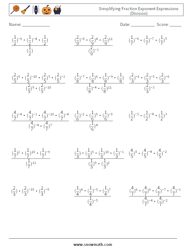 Simplifying Fraction Exponent Expressions (Division) Maths Worksheets 2