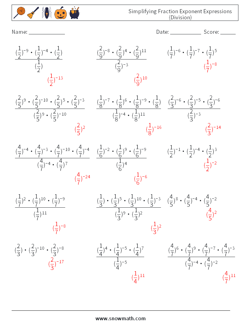 Simplifying Fraction Exponent Expressions (Division) Maths Worksheets 2 Question, Answer