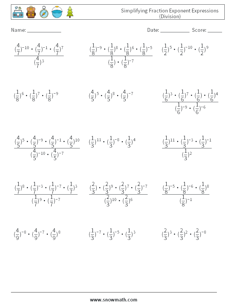 Simplifying Fraction Exponent Expressions (Division) Maths Worksheets 3