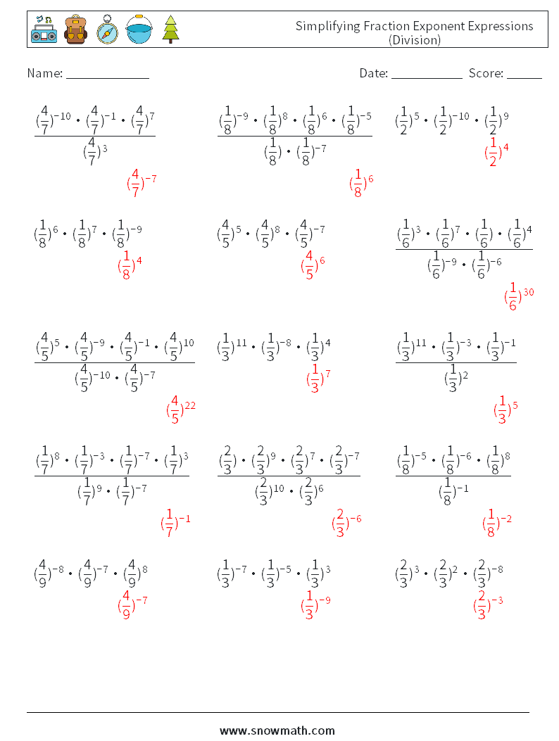 Simplifying Fraction Exponent Expressions (Division) Maths Worksheets 3 Question, Answer