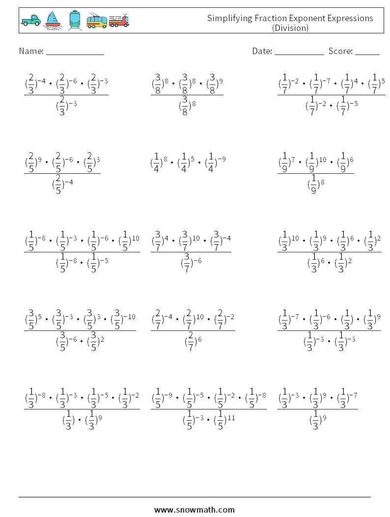 Simplifying Fraction Exponent Expressions (Division) Maths Worksheets 4