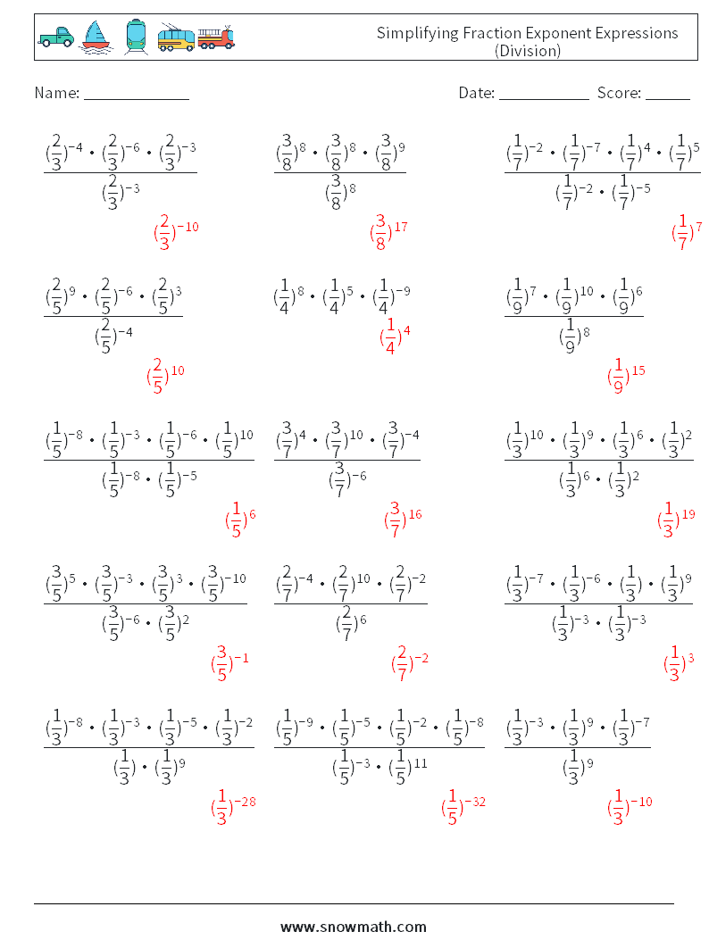 Simplifying Fraction Exponent Expressions (Division) Maths Worksheets 4 Question, Answer