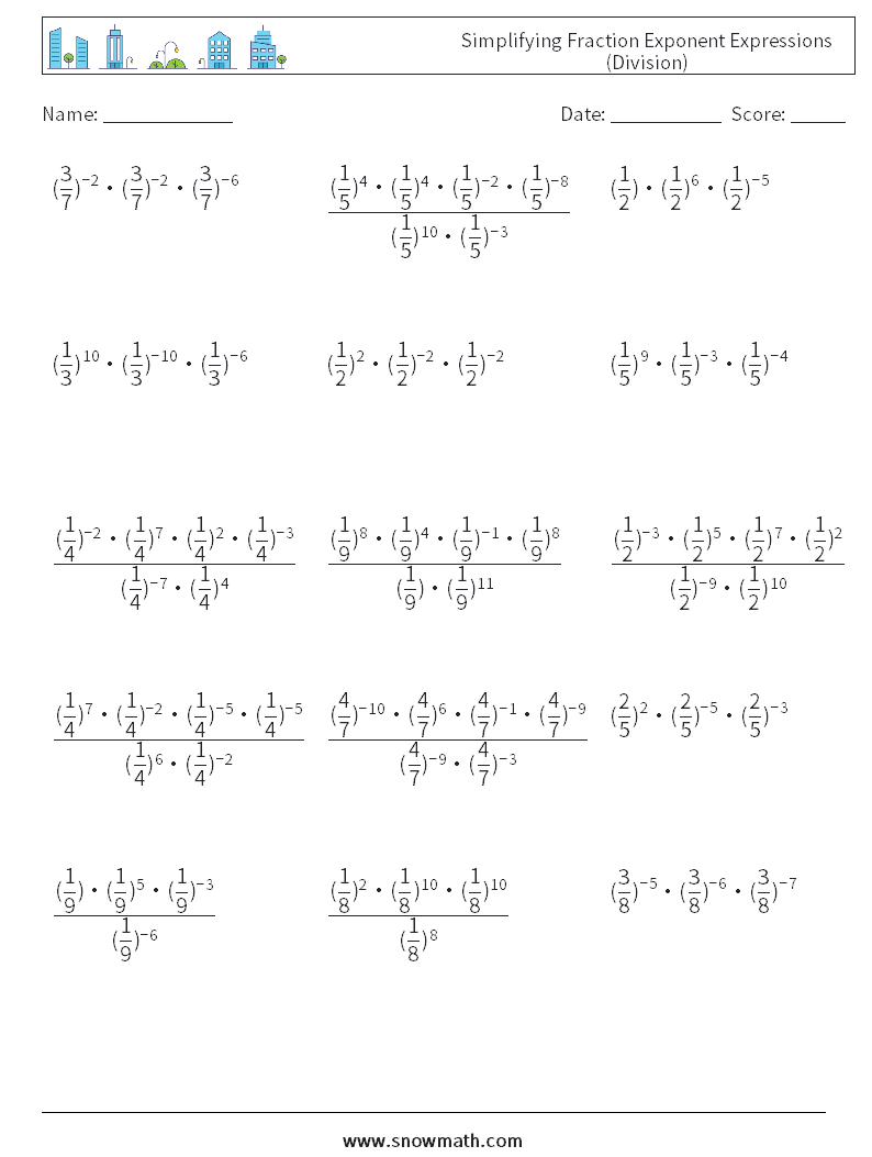 Simplifying Fraction Exponent Expressions (Division) Maths Worksheets 5