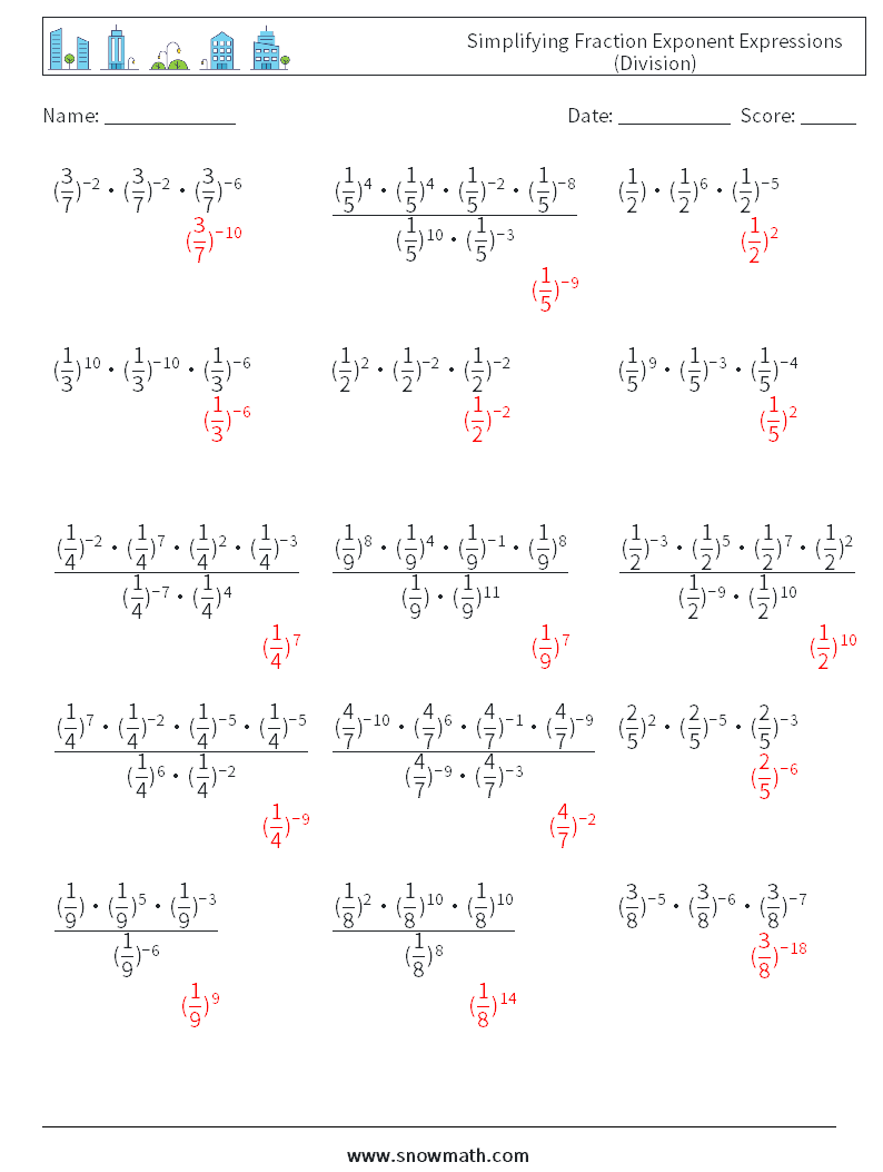 Simplifying Fraction Exponent Expressions (Division) Maths Worksheets 5 Question, Answer