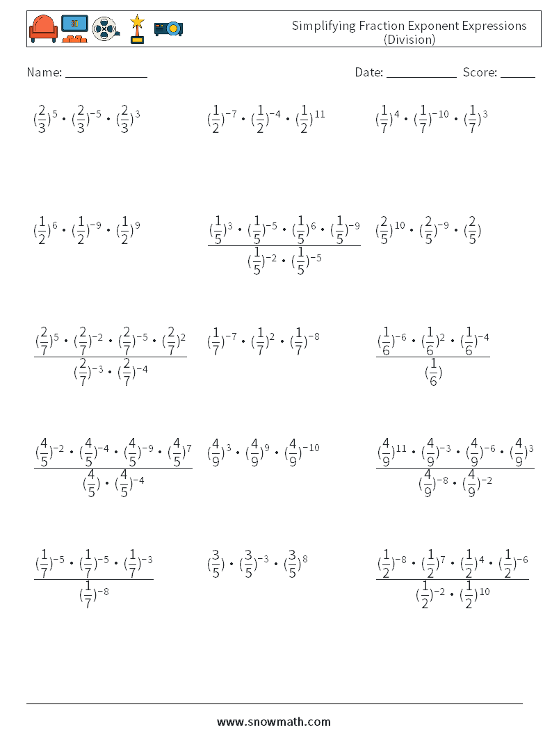 Simplifying Fraction Exponent Expressions (Division) Maths Worksheets 6